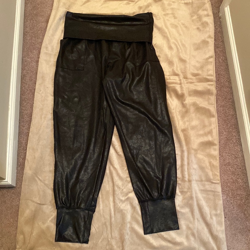 Fold over waist, faux leather jogger